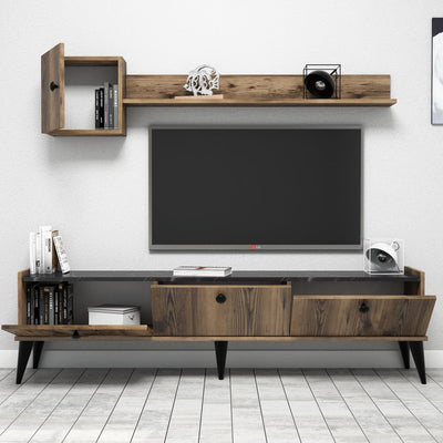 Composizione living parete con mobile tv e mensola noce scuro e marmo nero