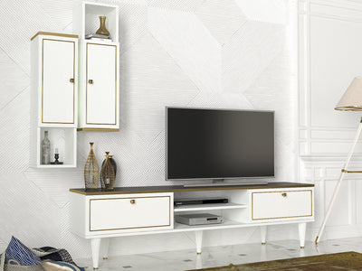 parete attrezzata composizione soggiorno con mobile tv e pensilo verticali in legno bianco marmo nero e oro stile classico ed elegante