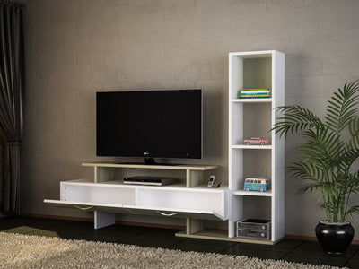 Parete moderna living con porta tv e libreria in legno bianco e rovere