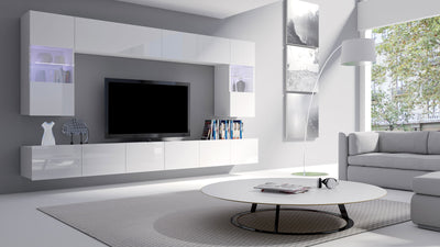 parete design moderno colore bianco con vetrinette e mobile tv