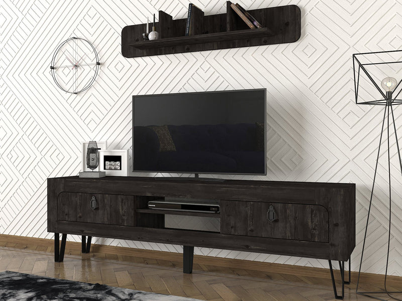 Parete moderna set living con mobile tv e mensola in legno scuro wengé