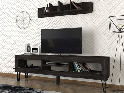 Parete moderna set living con mobile tv e mensola in legno scuro wengé