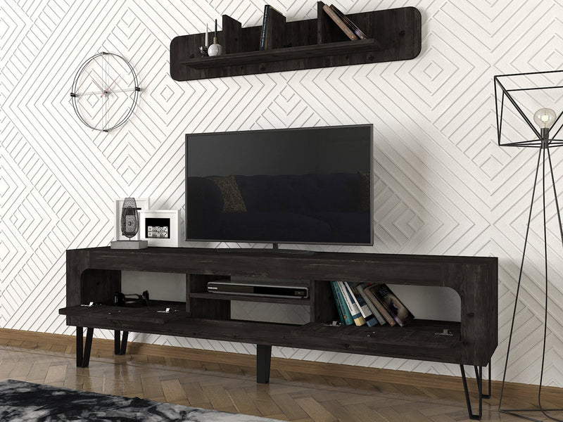 Parete moderna set living con mobile tv e mensola in legno scuro wengé