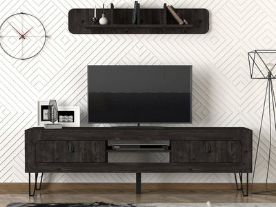 parete living con mobile tv e mensola in legno scuro wengé