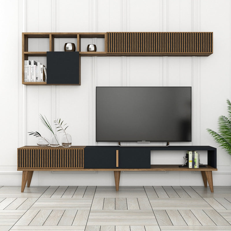parete design con mobile tv pensile a vasistas e pensile con vani in legno noce e antracite