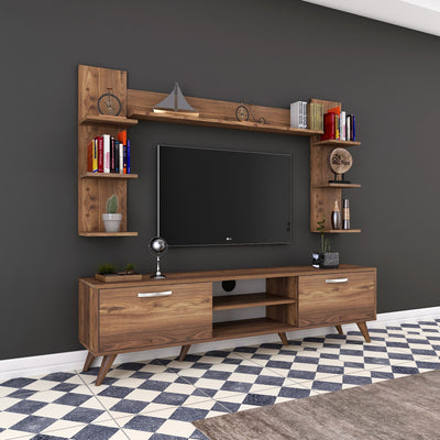 Parete living con porta tv e mensole colore noce design moderno