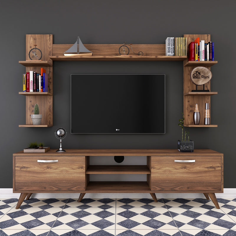 Parete living con porta tv e mensole colore noce design moderno