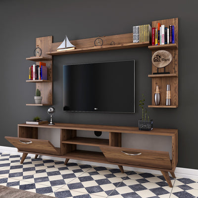 Parete living con porta tv e mensole colore noce design moderno