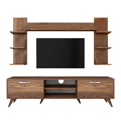 Parete living con porta tv e mensole colore noce design moderno
