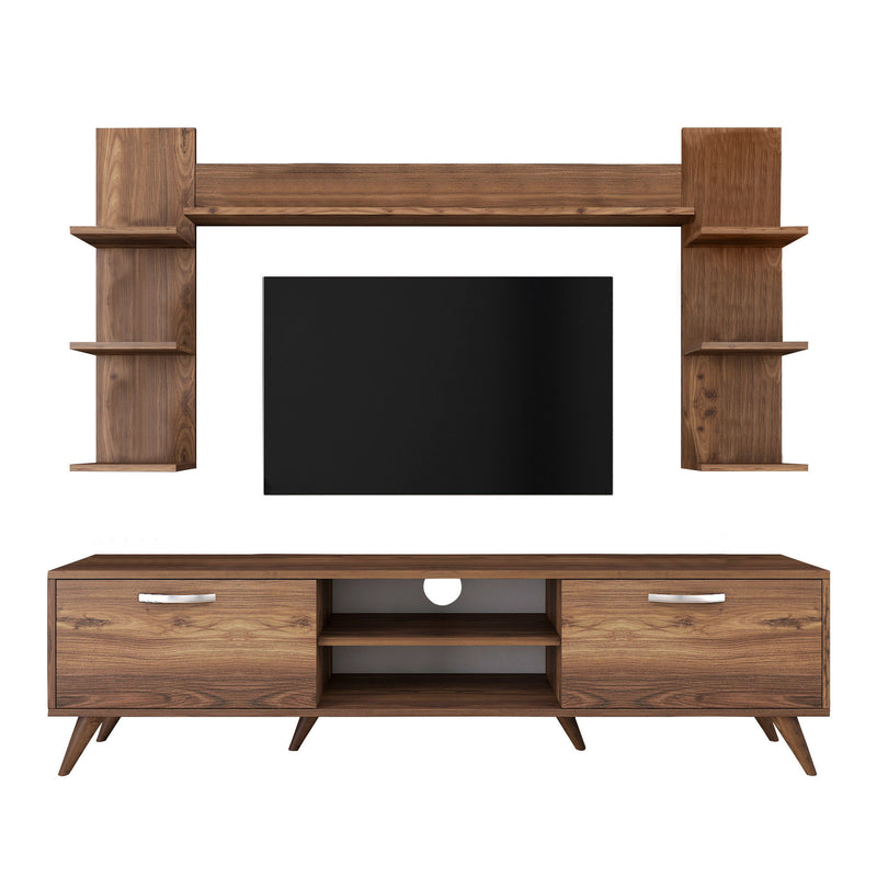 Parete living con porta tv e mensole colore noce design moderno