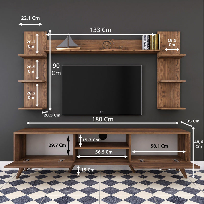 Parete living con porta tv e mensole colore noce design moderno