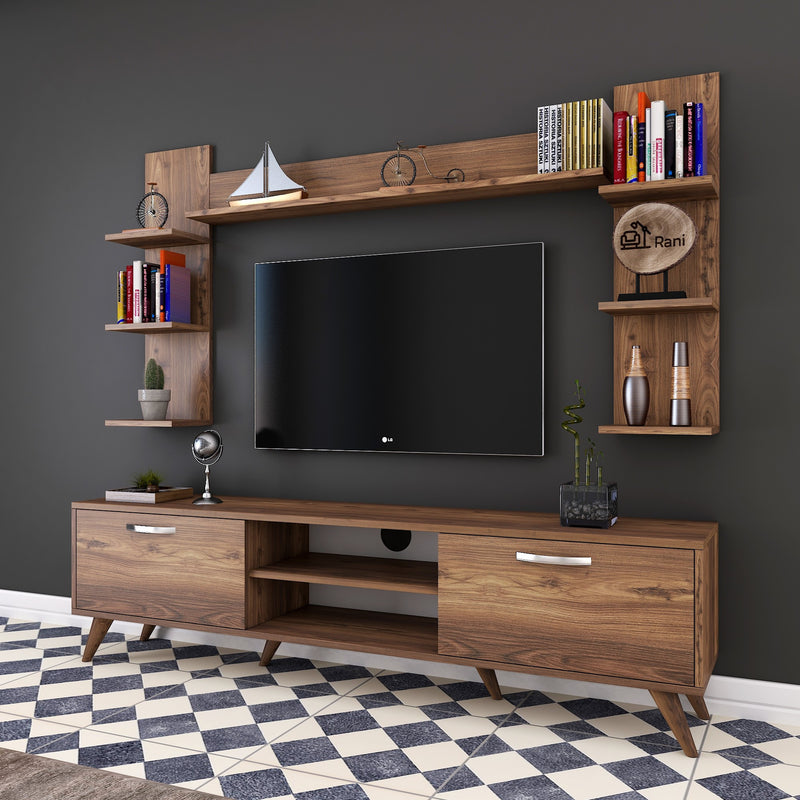 parete soggiorno moderna con mobile tv mensola orizzontale e 2 mensole verticali in legno colore noce