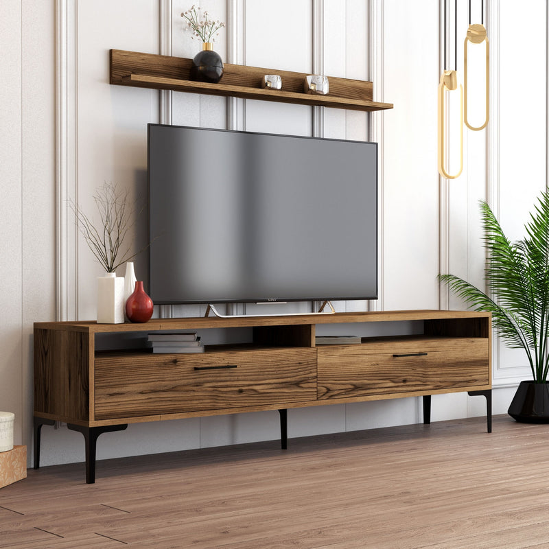 Set soggiorno parete con mobile tv e mensola in legno colore noce