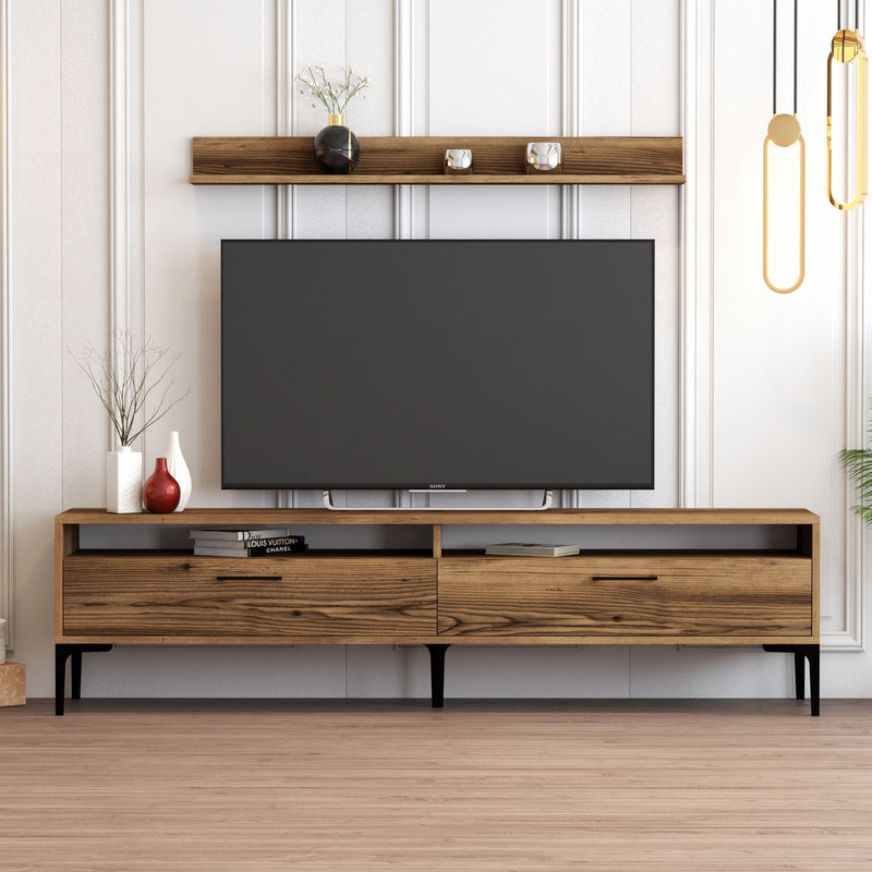 parete design moderno con mobile tv e mensola in legno colore noce con mensola