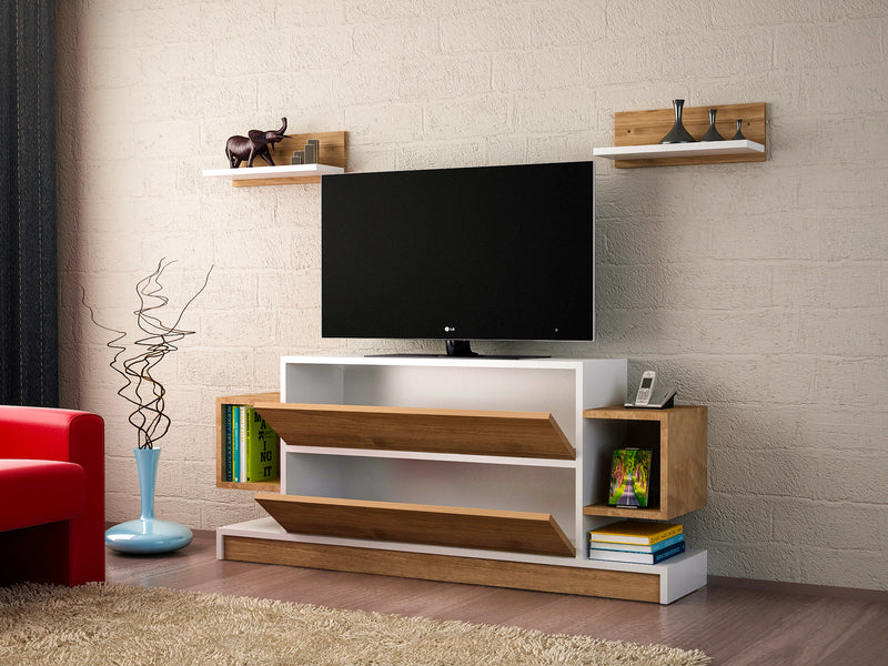 Parete living set mobile tv e 2 mensole con 2 ante e vani in legno