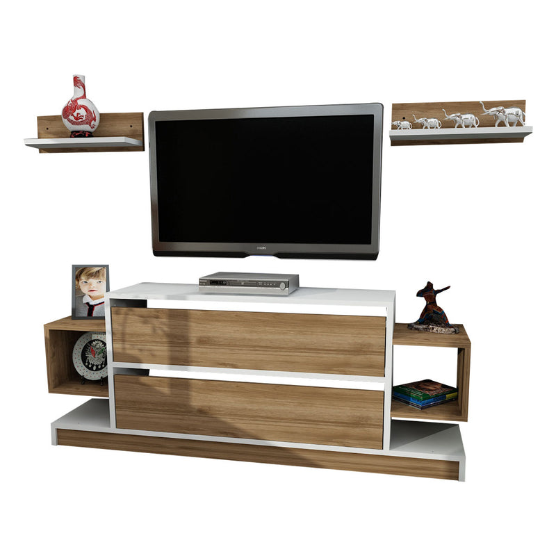 Parete living set mobile tv e 2 mensole con 2 ante e vani in legno