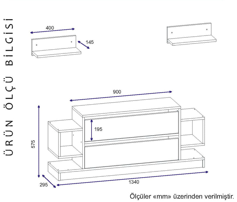 Parete living set mobile tv e 2 mensole con 2 ante e vani in legno