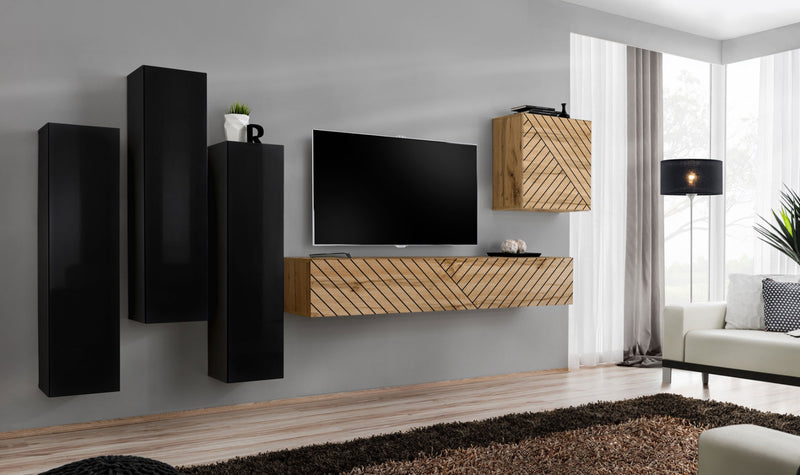 parete design da soggiorno pensili sospesi nero lucido e quercia decorati con linee colore nero