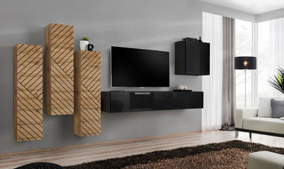 parete componibile moderna pensili colore nero lucido e quercia con decorazione a linee incise