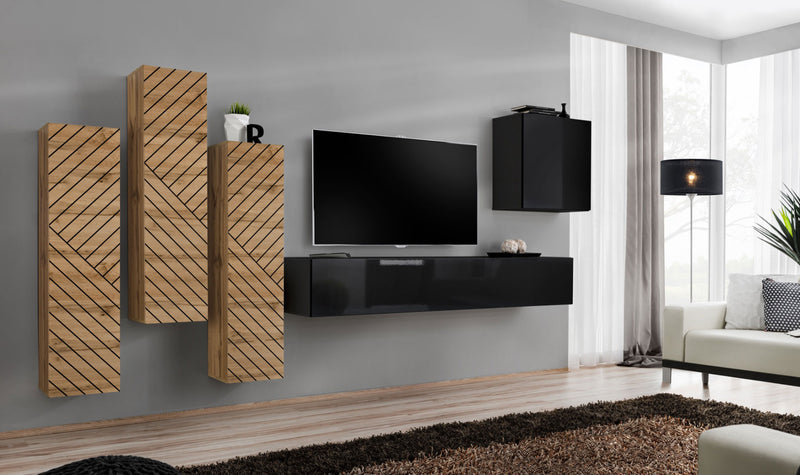 parete componibile moderna pensili colore nero lucido e quercia con decorazione a linee incise