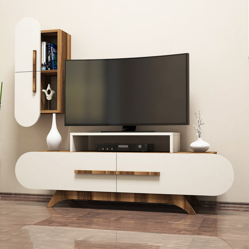 Parete living con porta tv e pensile moderno in legno noce e crema