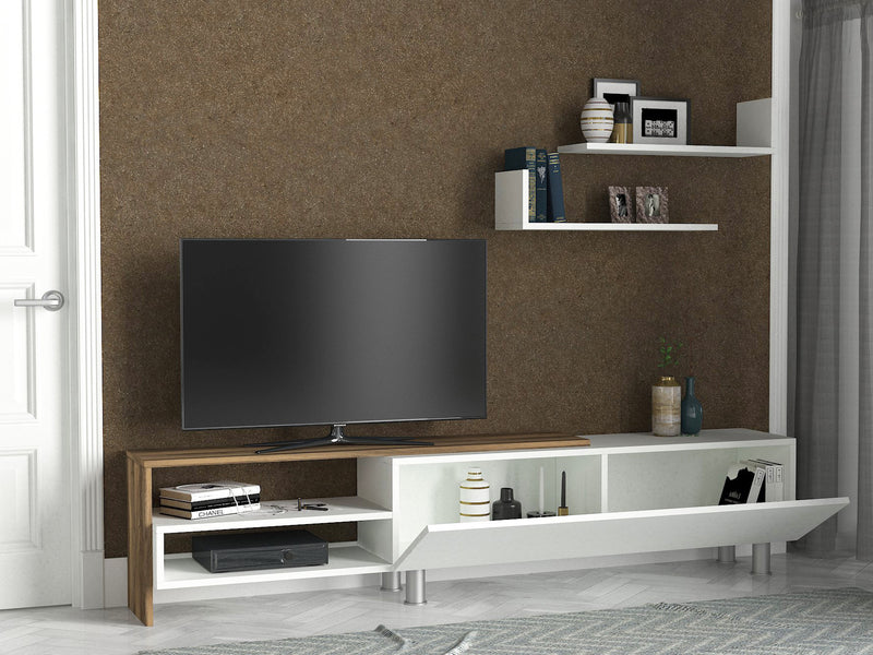 Parete zona giorno moderna set con mobile tv e 2 mensole bianco e noce