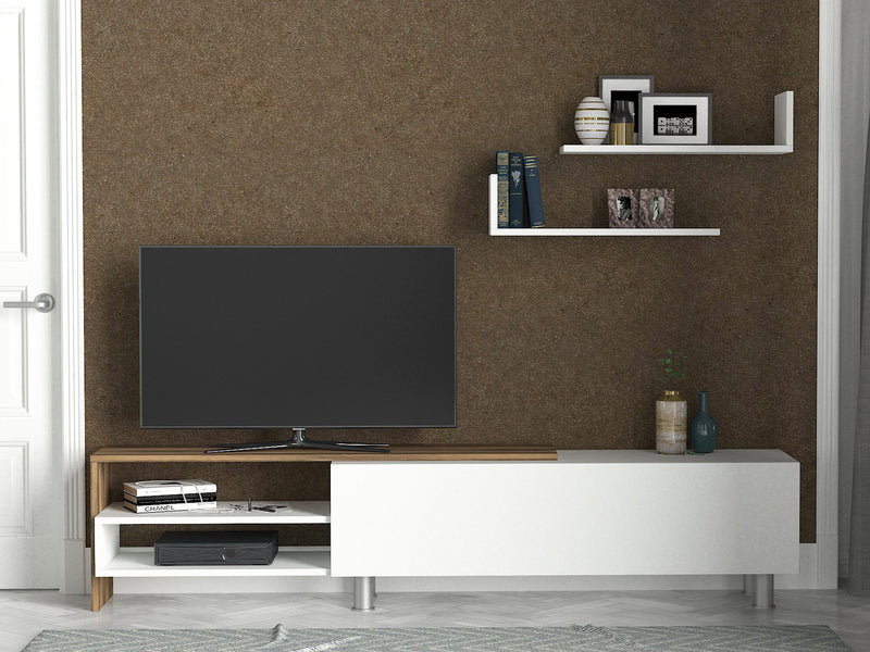 Parete zona giorno moderna set con mobile tv e 2 mensole bianco e noce