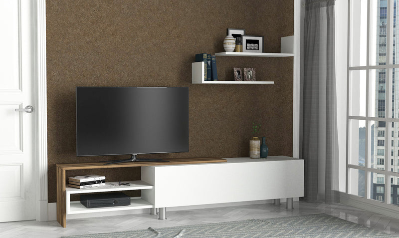 parete moderna con mobile tv e mensole bianco e noce