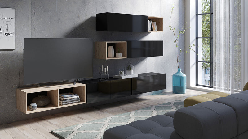 Parete living moderna con porta tv e vani colore rovere e nero