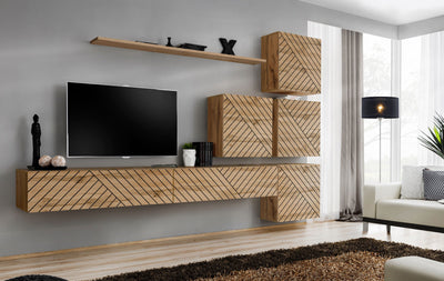 parete design sospesa pensili colore quercia con fantasia geometrica linee oblique nere incise