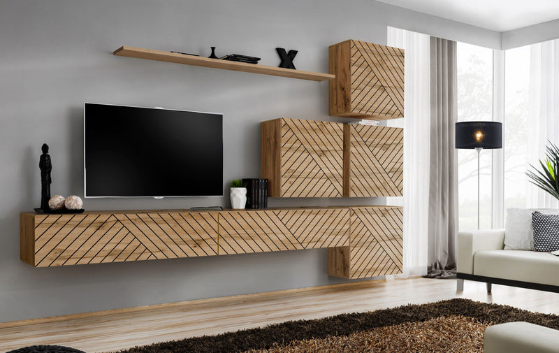 parete design sospesa pensili colore quercia con fantasia geometrica linee oblique nere incise