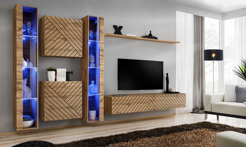 parete moderna soggiorno pensili e cubi quercia decorati con vetrinette