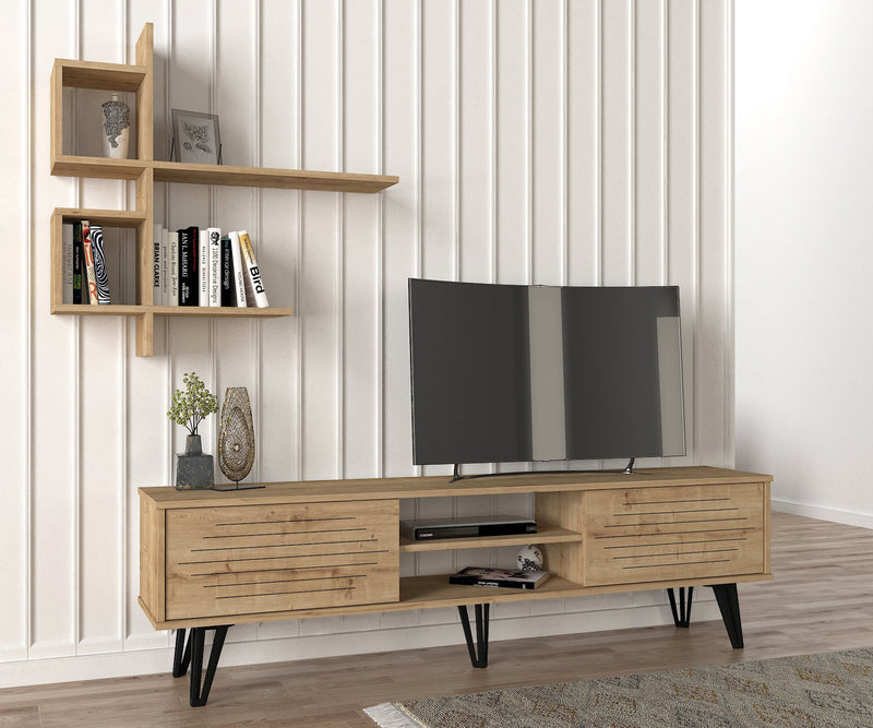 Composizione living parete con porta tv e mensola in legno colore quercia