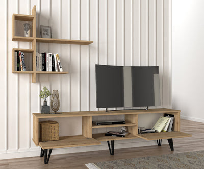 Composizione living parete con porta tv e mensola in legno colore quercia