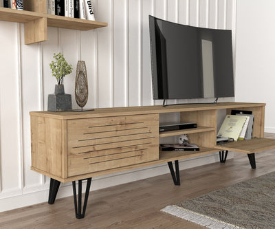 Composizione living parete con porta tv e mensola in legno colore quercia