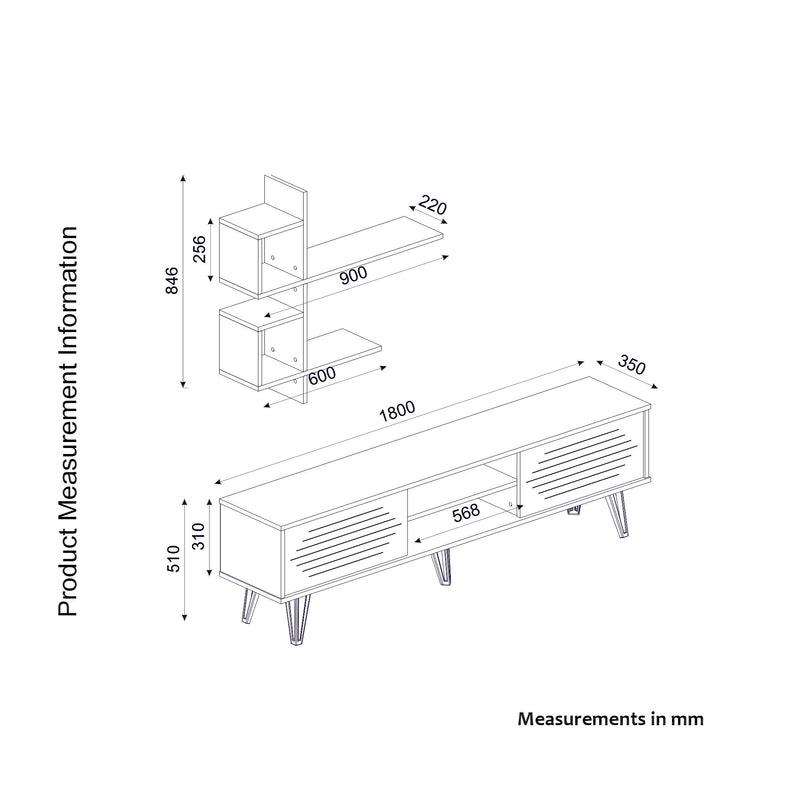 Composizione living parete con porta tv e mensola in legno colore quercia