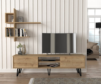 parete moderna composizione living con mobile tv e mensola in legno colore quercia