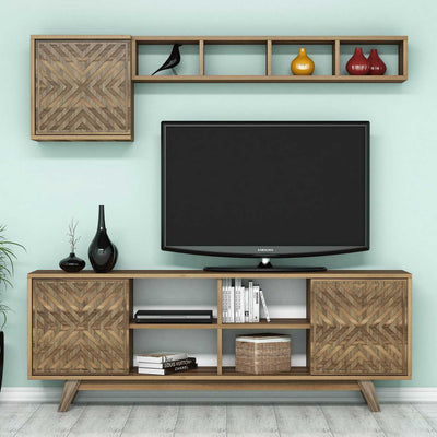parete moderna mobile tv cubo e pensile con 4 vani in legno noce con decorazione geometrica