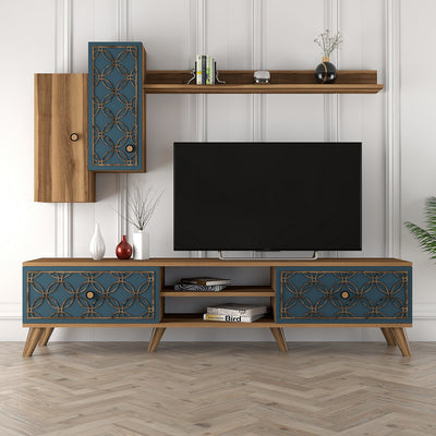 parete da soggiorno stile vintage in legno noce e blu con decorazioni geometriche intagliate