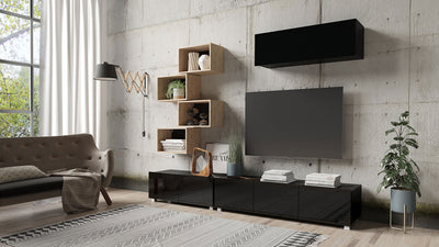 parete moderna living da terra con mobile tv e pensili colore nero con vani a giorno rovere