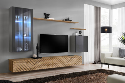 parete moderna sospesa con porta tv e mensile colore quercia vetrine e cubo antracite lucido