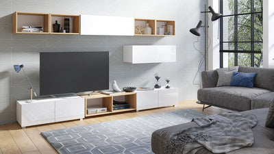 Parete da salotto design minimal bianco e rovere con vani e pensili