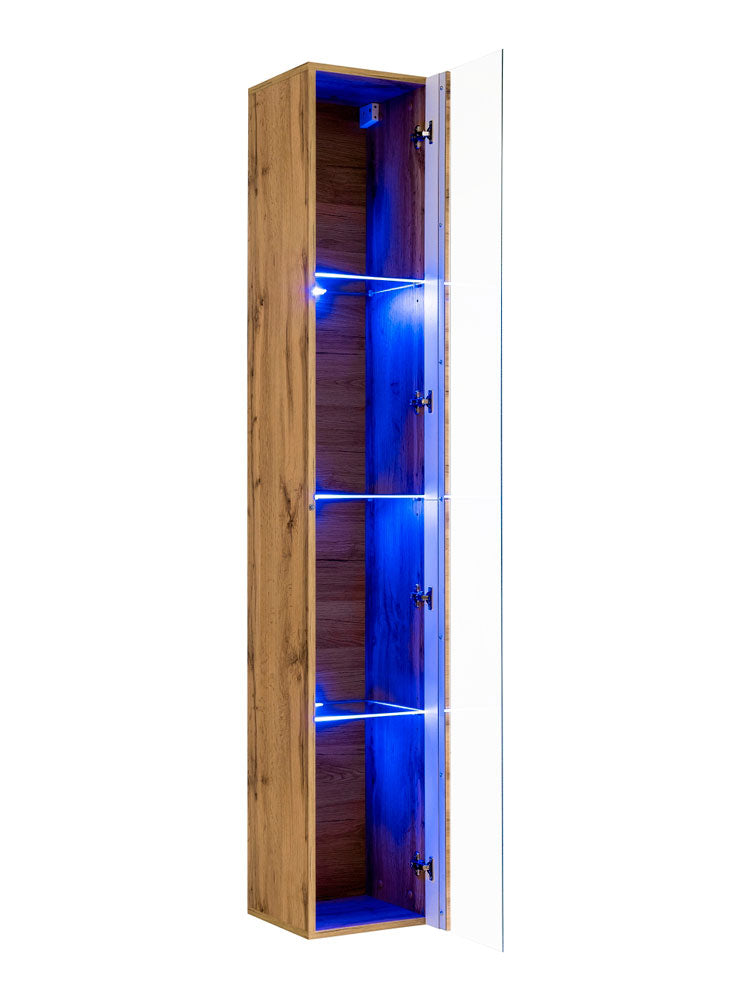 Faym - Parete soggiorno sospesa in legno quercia con vetrine e luci blu