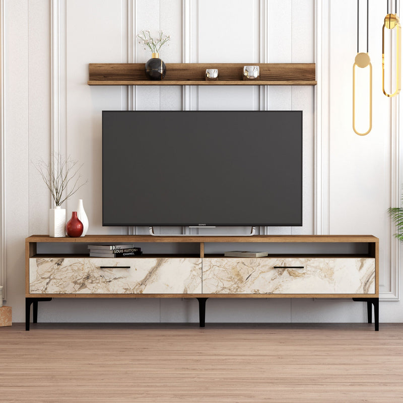 parete living mobile tv e mensola in legno colore noce e marmo bianco con mensola
