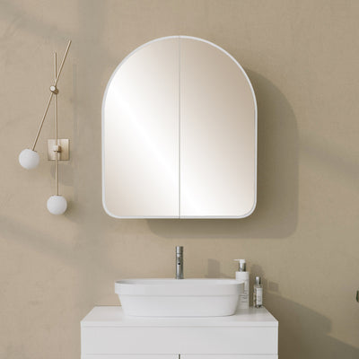 pensile da bagno moderno in legno bianco 2 ante sagomate con specchio forma ad arco