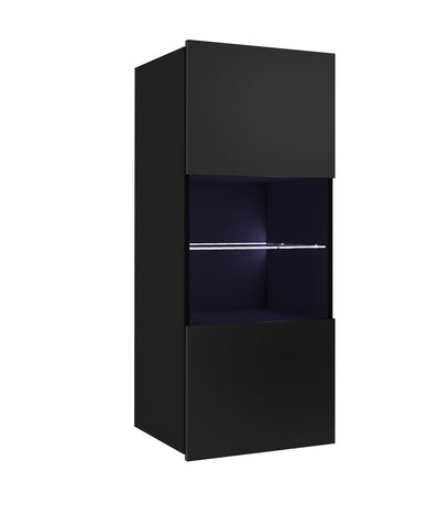 Parete design moderno colore nero con vetrinette e porta tv sospeso