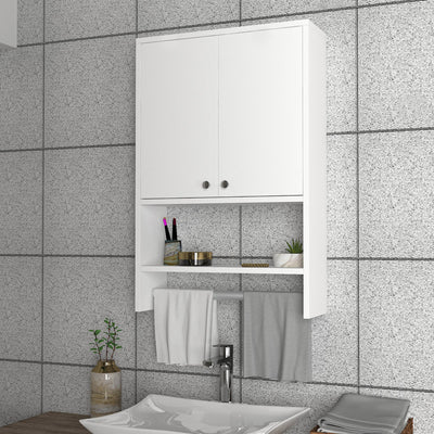 Pensile in legno in stile moderno da bagno color bianco opaco, 2 ante e 3 piani interni, con asta porta asciugamani inclusa. Dimensioni cm 59x19x90h