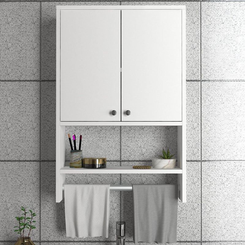 Pensile per bagno moderno bianco in legno con asta porta asciugamani cm 59x19x90h