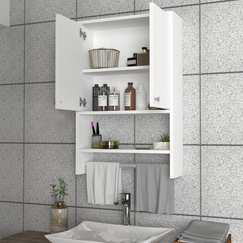 Pensile per bagno moderno bianco in legno con asta porta asciugamani cm 59x19x90h