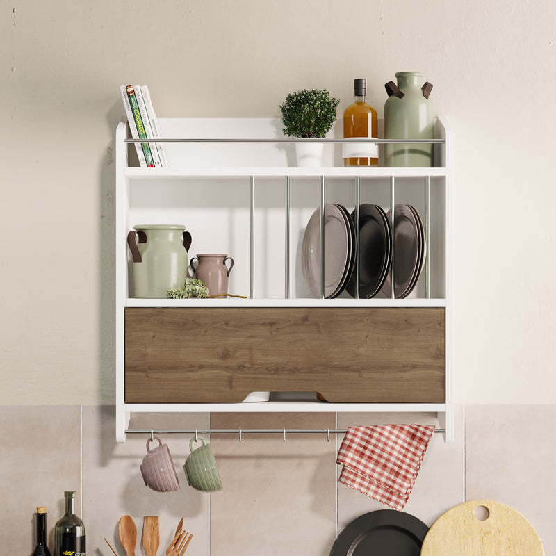 Pensile da cucina in legno bianco e noce con anta ripiani e ganci cm 76x20x76h